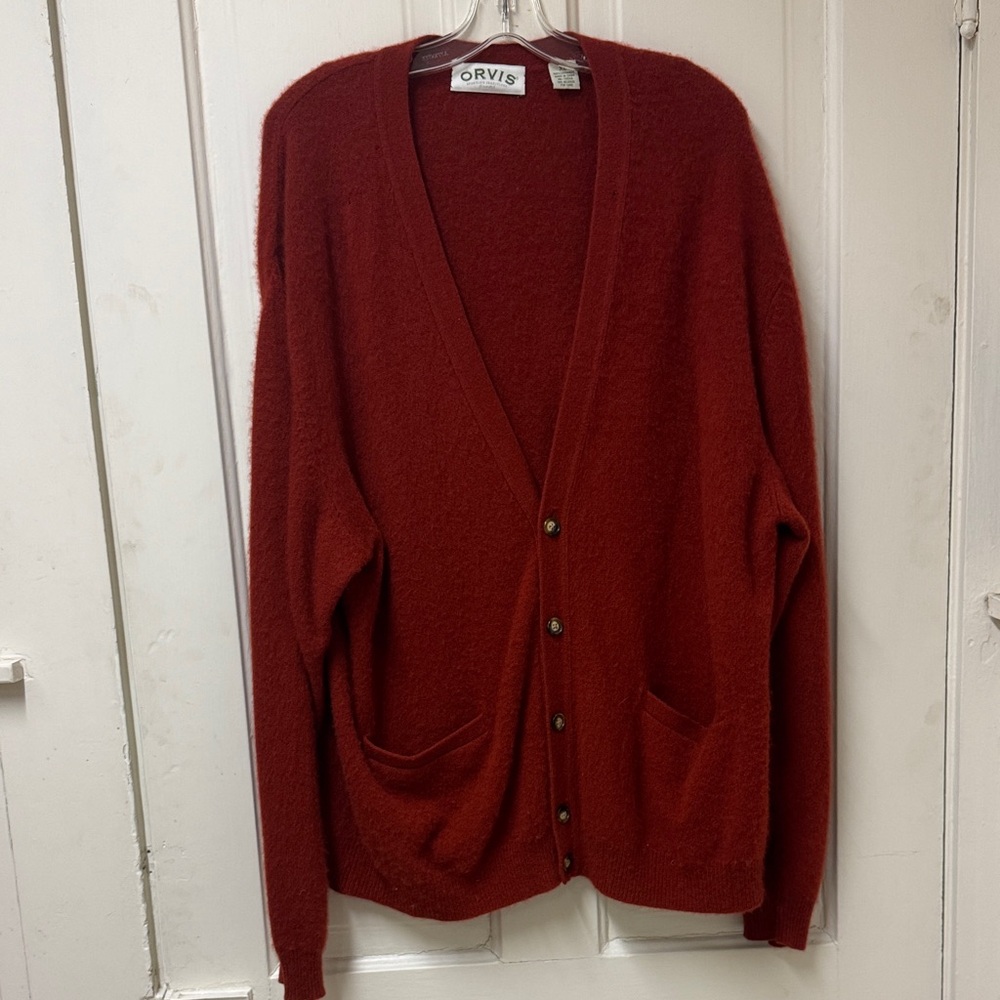 Orvis Deep Red Knit Cardigan, 100% cashmere, so luxurious, note in pics, sm hole